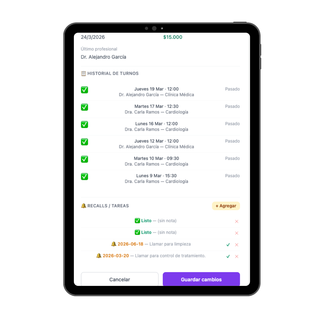 Historial de turnos y recalls del paciente