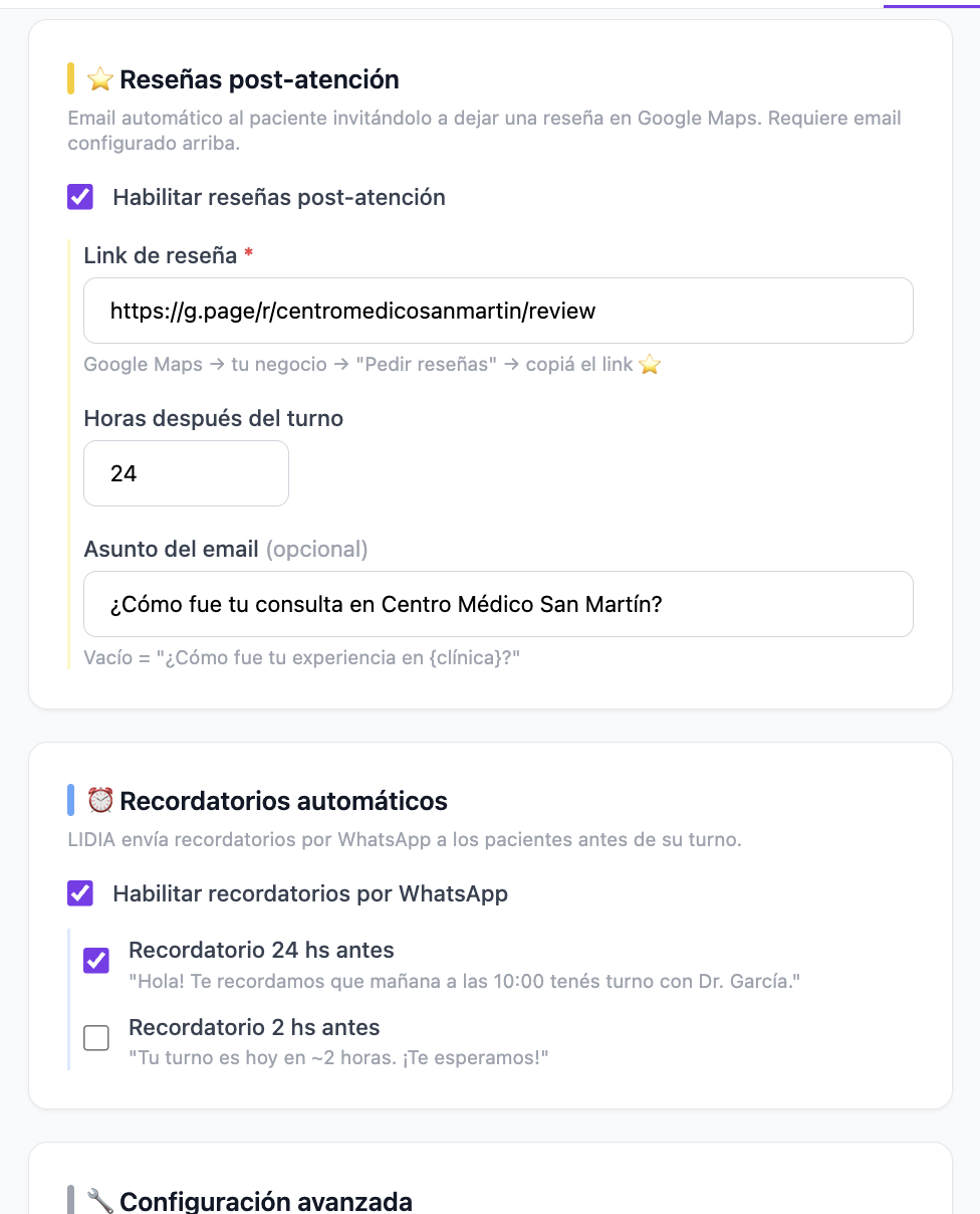 Panel de ajustes y configuración de LIDIA